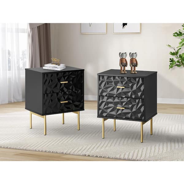 JAYDEN CREATION Vladimiro Black Water ripple Pattern 2-Drawer High Gloss Nightstand Cabinet with Golden Stands Set of 2