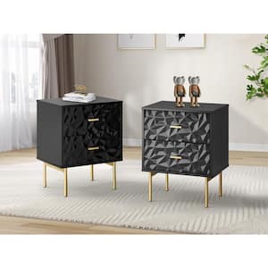 Vladimiro Black Water ripple Pattern 2-Drawer High Gloss Nightstand Cabinet with Golden Stands Set of 2