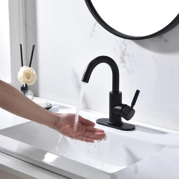 4 in. Single-Handle High-Arc Stainless Steel Bathroom Faucet with Deck Plate and Supply Hoses in Matte Black