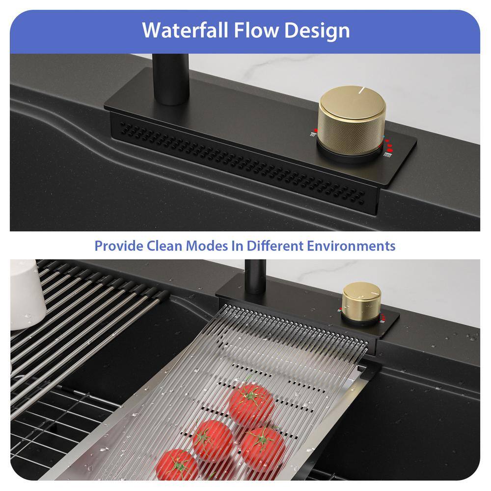 33" Matte Black Granite Composite Single Bowl Kitchen Sink with Pull Down Faucet