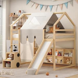 Natural and Beige Full Size Wooden House Loft Bed with Shelves, A Tent, A Slide and Car-shaped Storage Unit