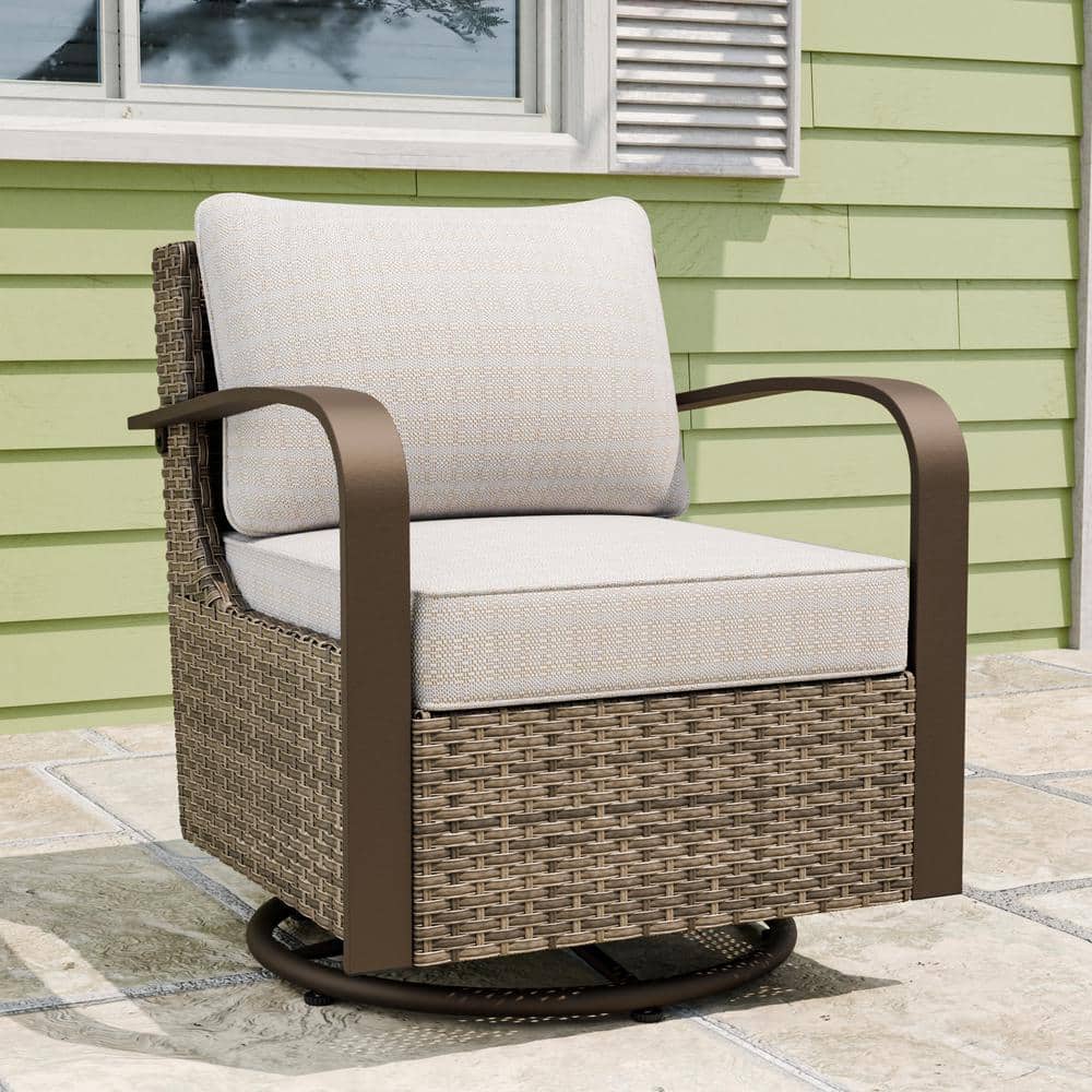 Beige and Brown Steel Wicker Swivel Rocking Chair with Cushions