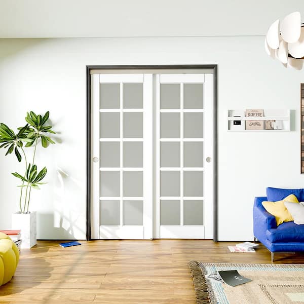 64 in. x 80 in. (Double 32 in.) 10-Lite, White, No Bore, Frosted Glass MDF Wood Interior Door Slab with Bypass Hardware
