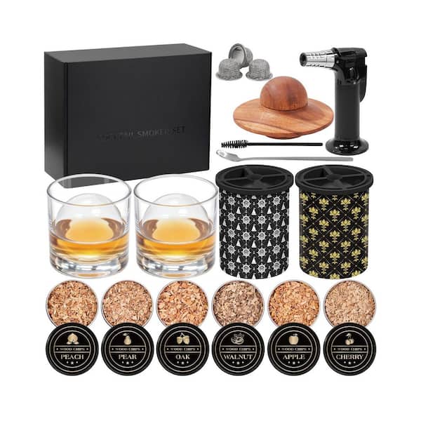Wood Whiskey Smoker Kit with Torch, 2 Glasses, 2 Clear Ice Maker, and 6 Flavor Wood Chip (No Butane)