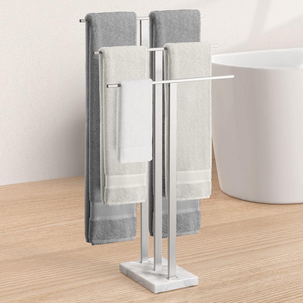 Brushed Steel Freestanding Triple Towel Rack with Marble Base