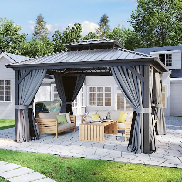 10 ft. x 12 ft. Black Outdoor Dual-Layer Galvanized Steel Gazebo with Netting and Curtains for Garden, Patio, Lawns