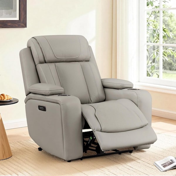 Corin Grey Zero-Gravity Triple Motors Leather Recliner with Power Lumbar ,Power Headrest,Cup Holders,USB&Type-C Ports