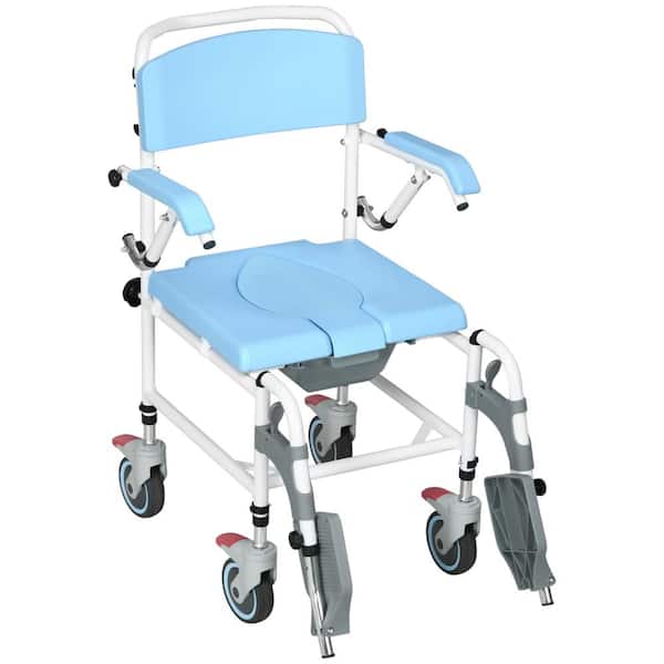 HOMCOM Accessibility Commode Wheelchair, Rolling Shower Wheelchair with 4 Castor Wheels, 17" Seat Width, Blue