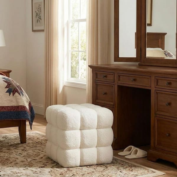 White Fuzzy Sherpa Upholstered Square 17.33 in. Pouf Ottoman