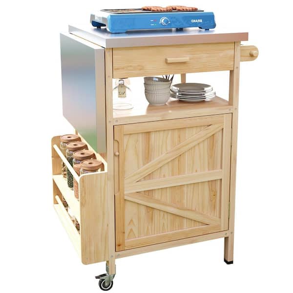 Natural Solid Wood Outdoor Grill Cart with Stainless Steel Drop Leaf Top, 1 Drawer, Towel Rack and 2-Lockable Wheels
