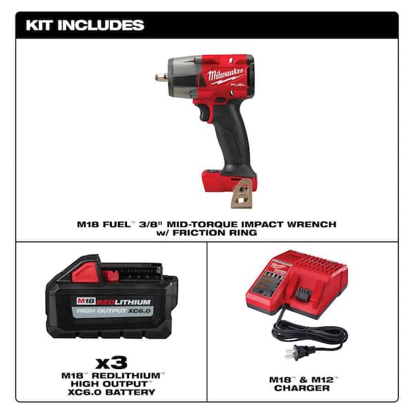 M18 FUEL 18V Lith-Ion Mid Torque Brushless Cordless 3/8 in. Impact Wrench w/ Friction Ring & (3) Battery & Charger Kit