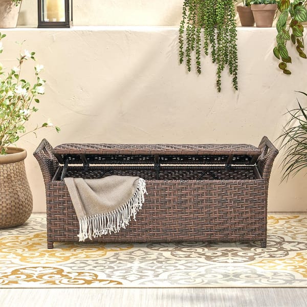 54 Gal. Best Selling Hand-Woven Rattan and Iron Frame Wing Outdoor Storage Benches, Multi Brown with Smooth Handle