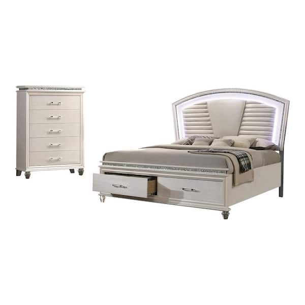 Litzler 2-Piece LED Headboard Pearl White Wood King Bedroom Set with 2-Foot Drawer and Chest