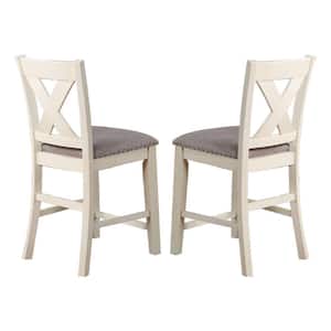 35 in. Cream and Gray Low Back Wood Frame Counter Height Stool Chair with Fabric Seat (Set of 2)