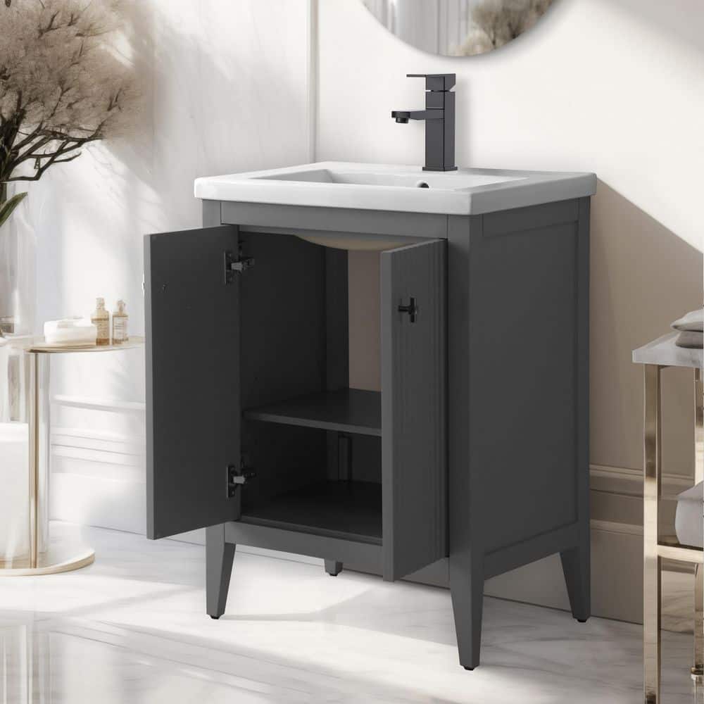 Gray Single Freestanding Bathroom Vanity with Ceramic Top