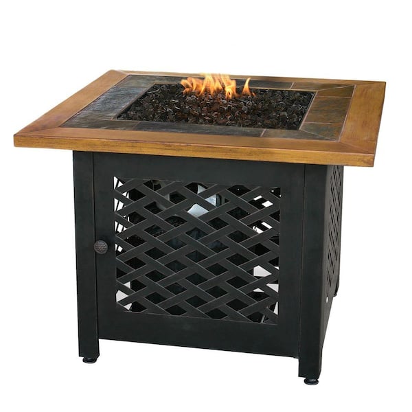UniFlame 32 in. W Square Slate Tile Faux Wood Mantle LP Gas Fire Pit with Electronic Ignition and Bronze Fire Glass