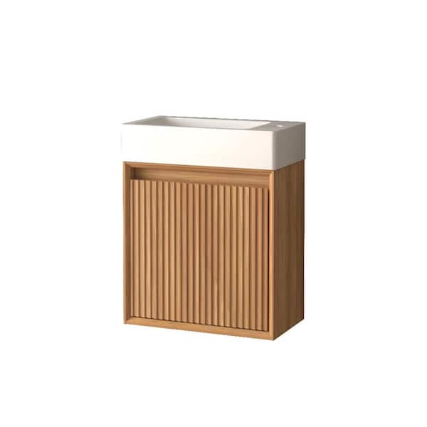 16 in. Floating Walnut Acacia Solid Wood Bath Vanity with White SMC Resin Top and Soft-Close Door Assembled