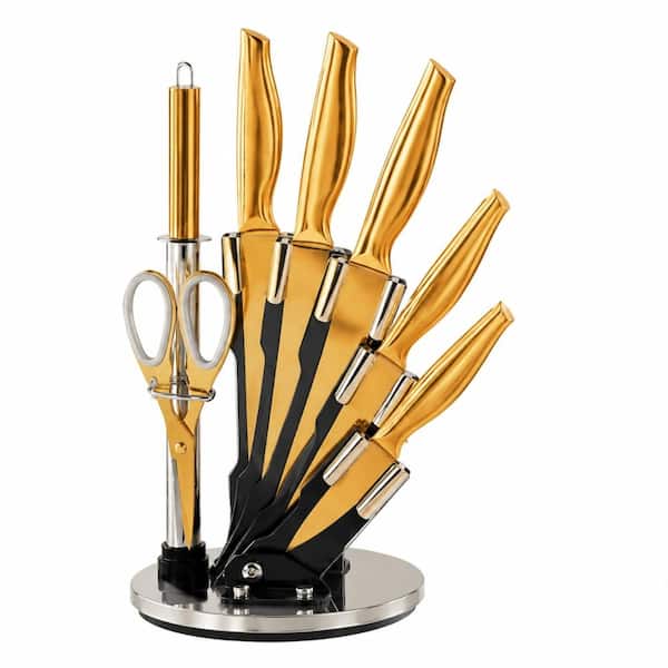 8-Piece Gold Titanium-Coated Stainless Steel Knife Block Set with
