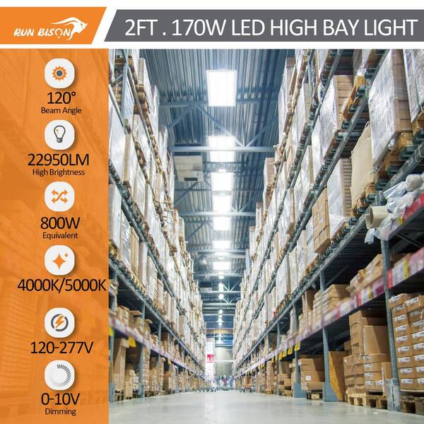 RUN BISON 2-Pack 2ft. 800Watt Equivalent White Integrated LED Dimmable Linear High Bay Light,120- 277Volt 22,950Lumens 4000K/5000K
