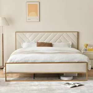 Cream White Frame Full Size Velvet Platform Bed with 10 in. Under Bed Storage Supported by Metal and Wooden Slats