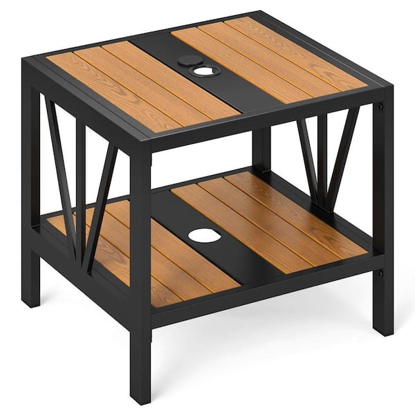 Outdoor Side Table 2-Tier Coffee End Table w/ 1.57 in. Umbrella Hole Storage Shelf