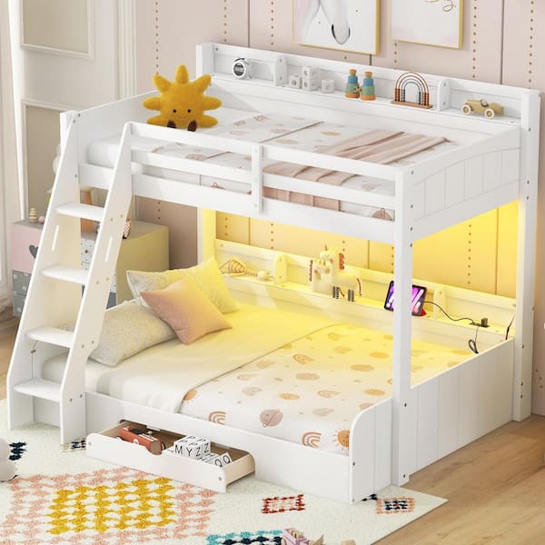 White Twin over Full Bunk Bed with Storage Shelves, Drawer, LED Light and Charging Station