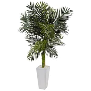 Indoor 5 ft. Golden Cane Palm Artificial Tree in White Tower Planter