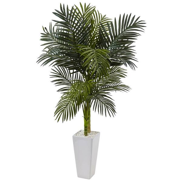 Nearly Natural Indoor 5 ft. Golden Cane Palm Artificial Tree in White Tower Planter