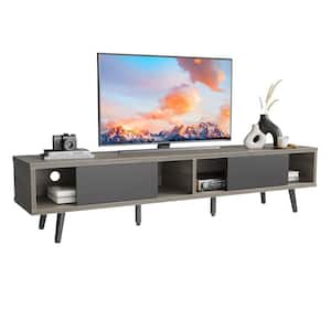 70 in. Gray Wash Mid-century TV Stand Fits TV up to 75 in. with Sliding Door and Open Shelves