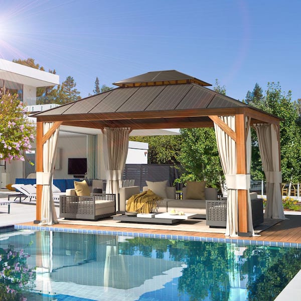 12 ft. x 14 ft. Hardtop Gazebo, Wooden Grain Aluminum Frame Canopy with Curtains and Nettings for Patio, Backyard, Deck