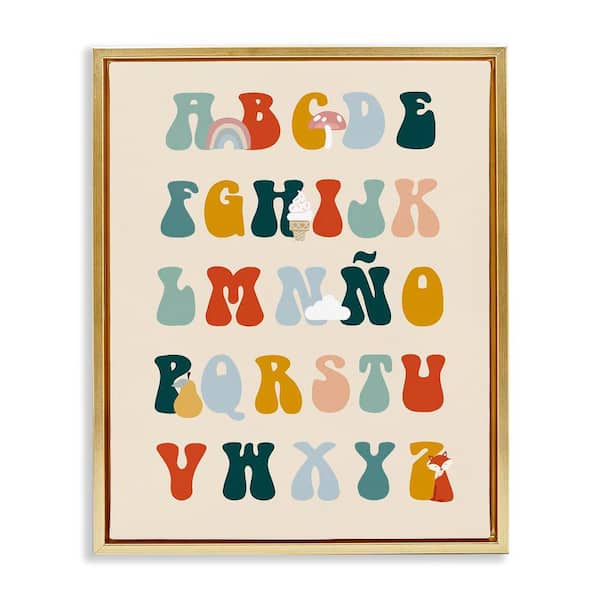 Stupell Industries Spanish Alphabet Retro Illustrations by Lil' Rue Gold Floater Frame Typography Graphic Art Print 21 in. x 17 in.