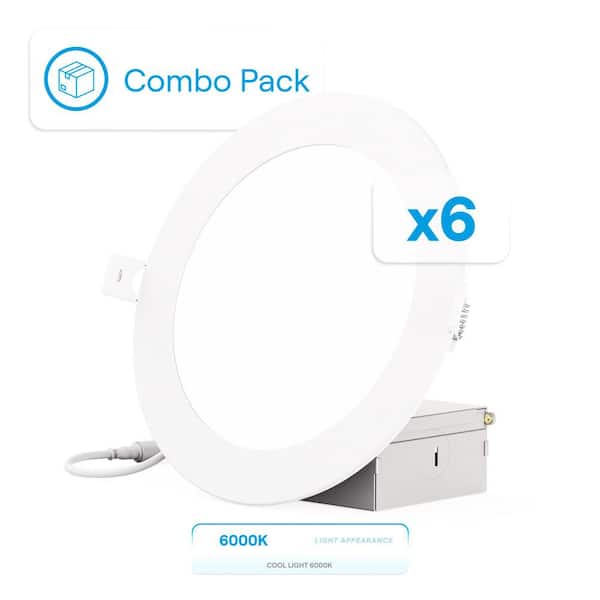 6 in. Canless 6000K Clear White 12W 1050LM Thin New Construction Integrated LED Recessed Light Kit, Wet Rated (6 Pack)