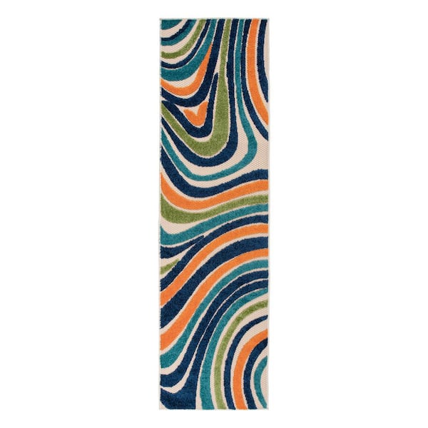 World Rug Gallery Modern Waves Multi 2 ft. x 7 ft. Indoor/Outdoor Runner Rug
