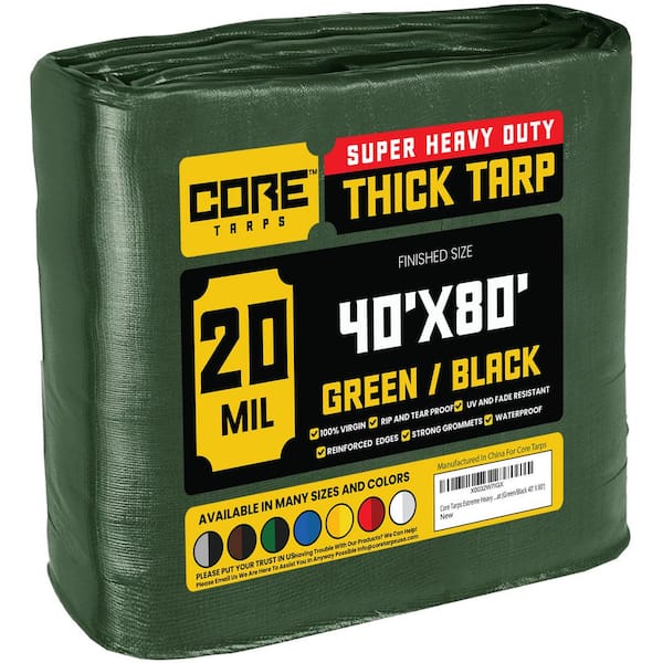 CORE TARPS 40 ft. x 80 ft. Green/Black 20 Mil Heavy Duty Polyethylene Tarp, Waterproof, UV Resistant, Rip and Tear Proof