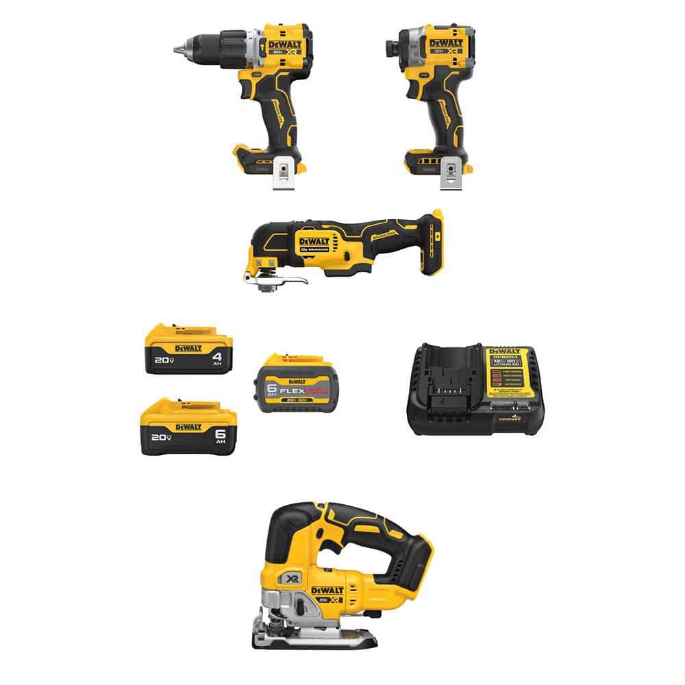 DEWALT 20V MAX Lithium-Ion Cordless Combo Kit (3-Tool) and Brushless Jigsaw w/ FLEXVOLT 6Ah, 20V 6Ah & 4 Ah Batteries & Charger (DCK316ST2M1W34B)