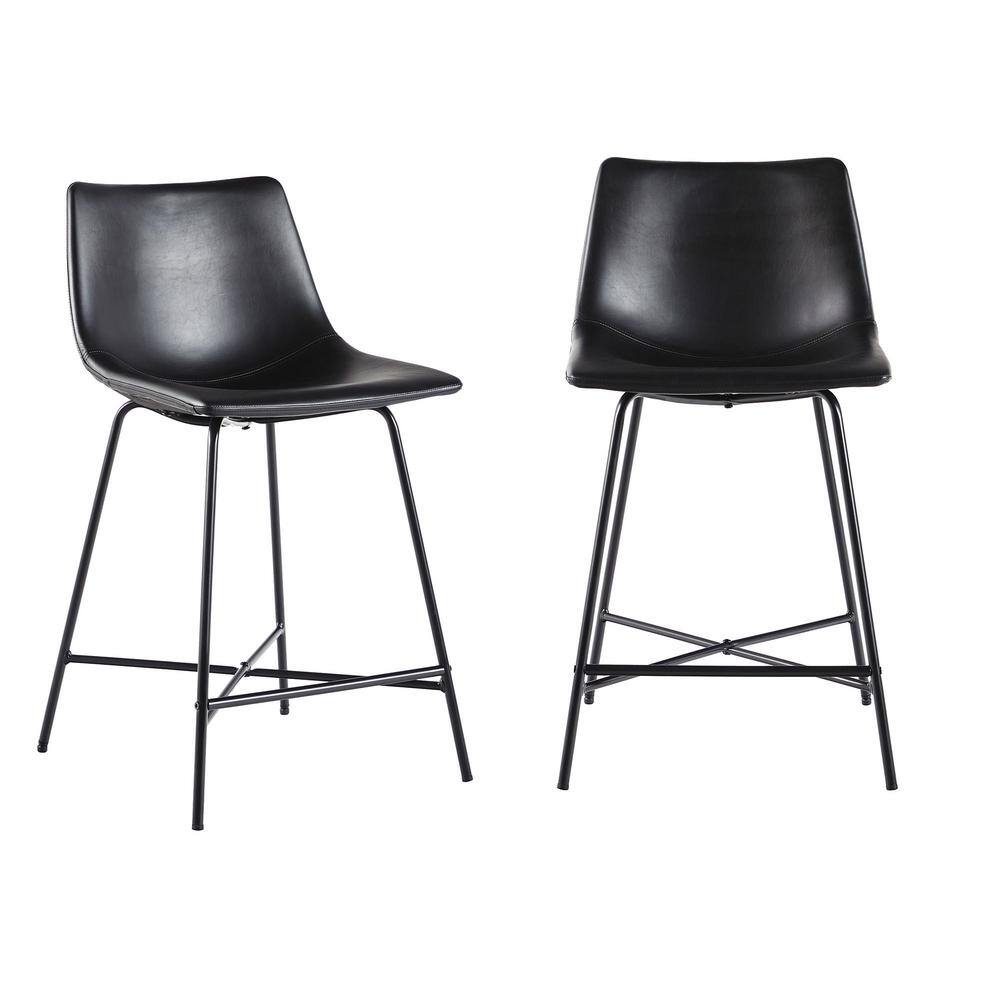 24" Black Faux Leather and Metal Counter Stools, Set of 2