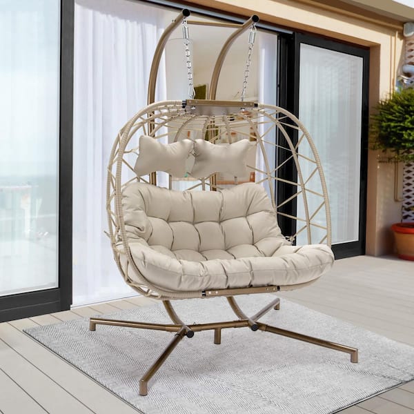FINCATI Large 2-Person 700 lbs. Beige Wicker Double Patio Swing Egg Chair with Gold Stand and Beige Cushions