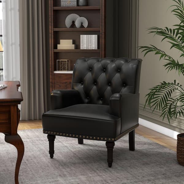 Uixe Black Faux Leather Arm Chair with Nailhead Trim (Set of 1)
