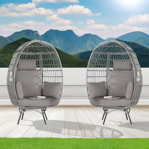 2-Pieces Patio Wicker Swivel Egg Chair, Oversized Indoor Outdoor Egg Chair, Gray Rattan Light Gray Cushions