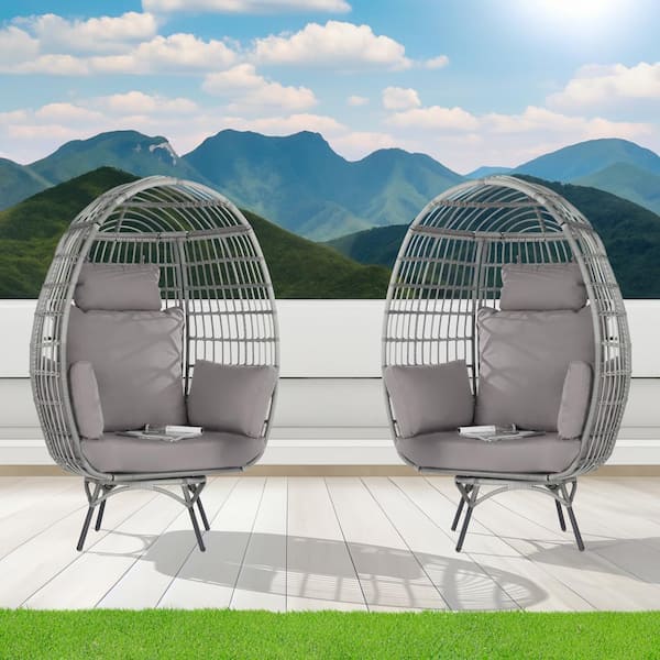SANSTAR 2-Pieces Patio Wicker Swivel Egg Chair, Oversized Indoor Outdoor Egg Chair, Gray Rattan Light Gray Cushions