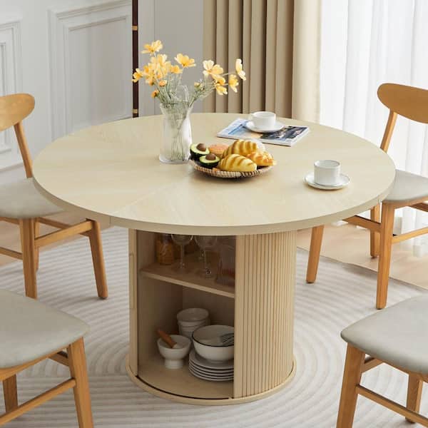 Natural Wood 47 in. Round Pedestal Dining Table With Storage For 4