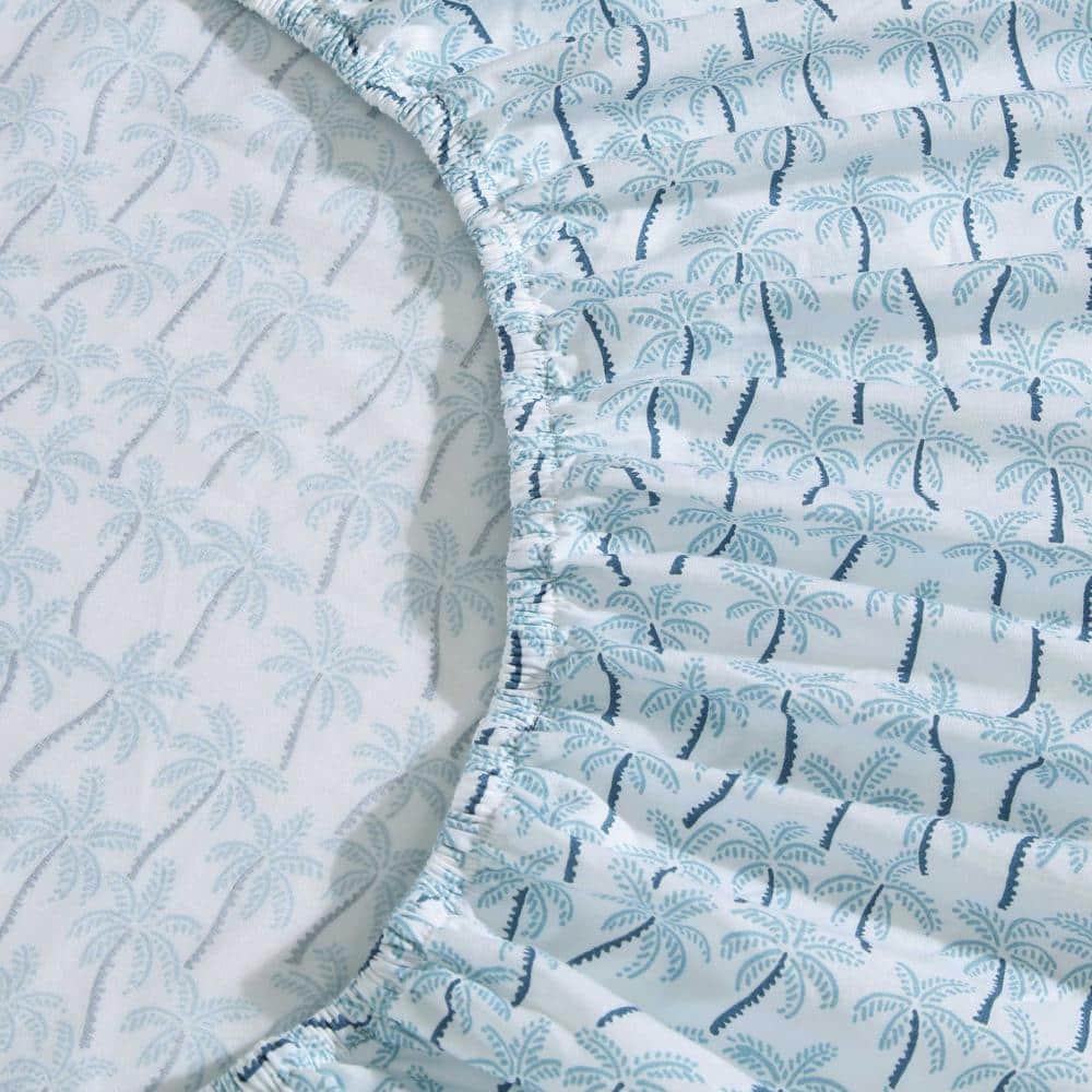 King Blue Cotton Percale Palm Print Sheet Set