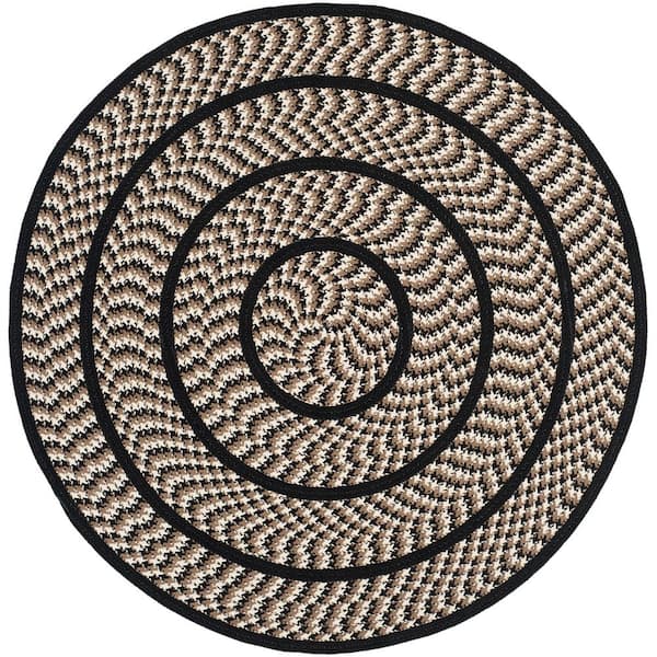 SAFAVIEH Braided Ivory Black Doormat 3 ft. x 3 ft. Border Round Area Rug