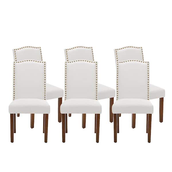 FIRNEWST Beige Fabric Upholstery Parsons Dining Accent Chair with Nailhead Trim Set of 6