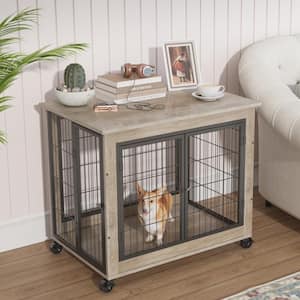 31.5 in. W Grey Furniture Style Dog Crate Side Table on Wheels with Double Doors and Lift Top
