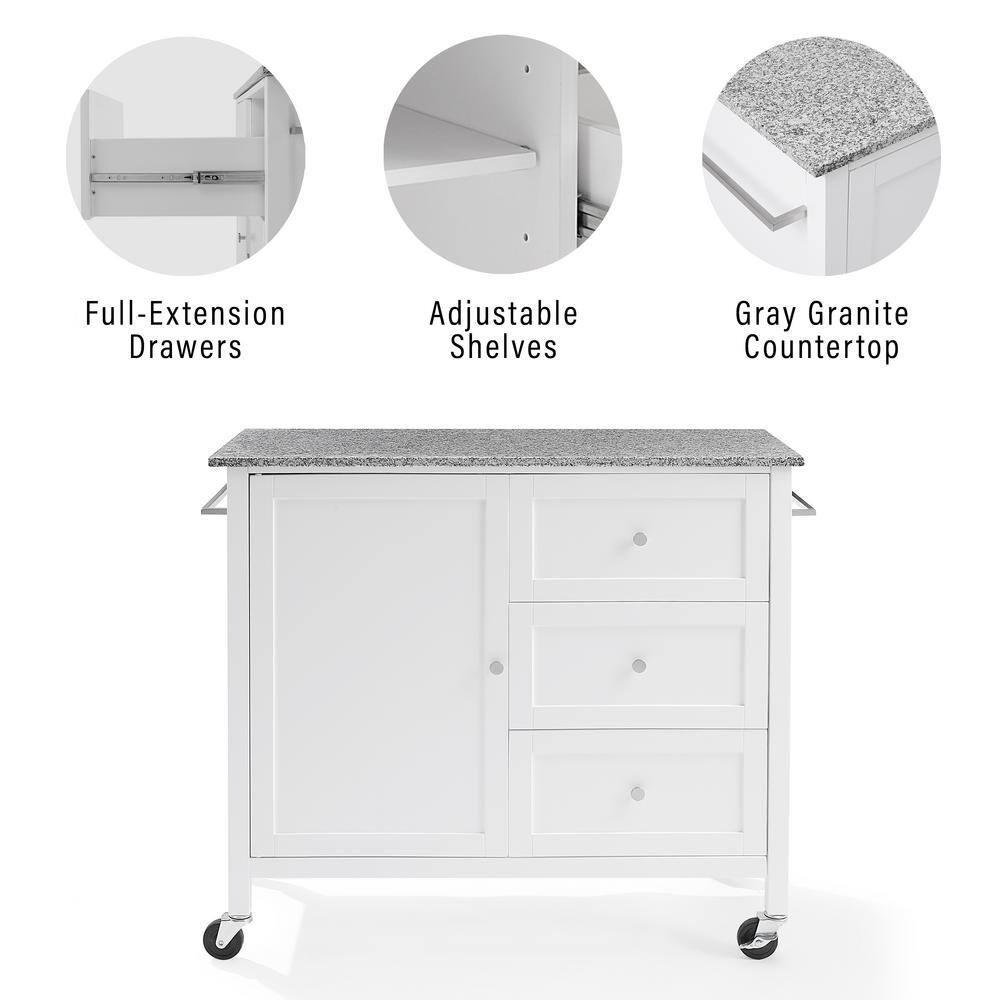 White Granite Top Kitchen Island with Storage and Wheels