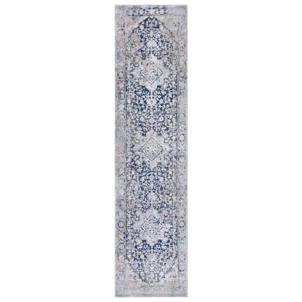Vogue 2 ft. x 8 ft. Navy/Beige Distressed Border Runner Rug