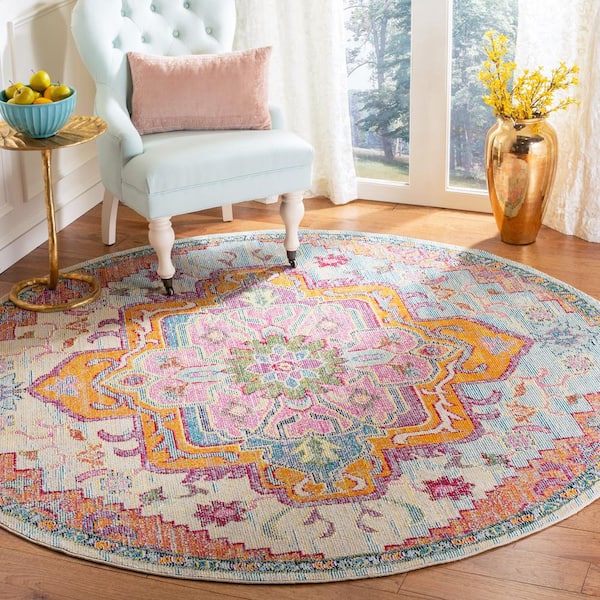 Crystal Light Blue/Fuchsia 5 ft. x 5 ft. Round Border Area Rug