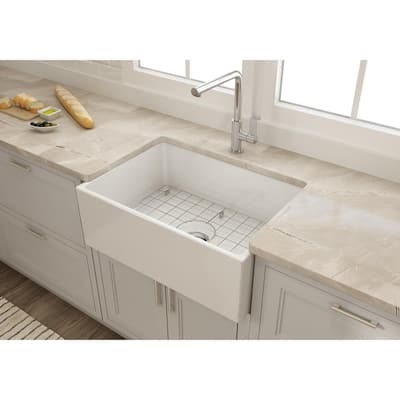 Farmhouse Apron-Front Fireclay 27 in. Single Bowl Kitchen Sink in White with Grid