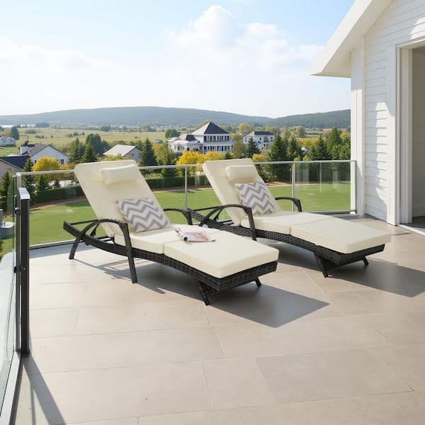 2-Piece Wicker Adjustable Outdoor Lounge Chair with Beige Cushion
